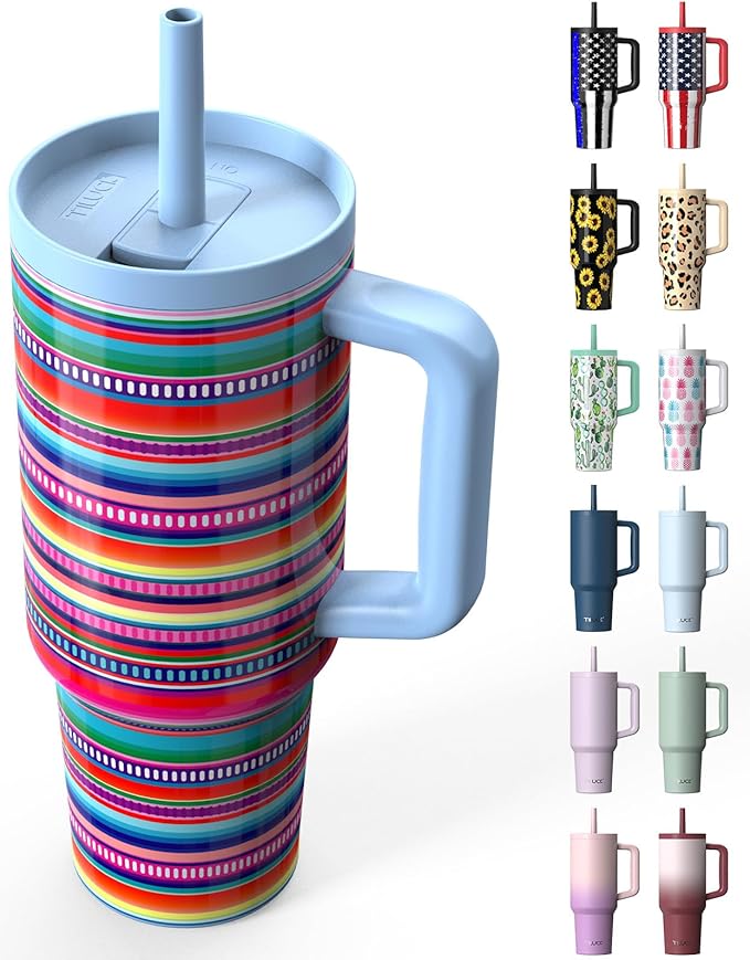 TILUCK 40 oz Tumbler with Handle, Vacuum Insulated Stainless Steel Travel Mug with 100% Leak-Proof Silicone Straw Lid, Cupholder Friendly Water Bottle(RainbowStripes, 40oz)