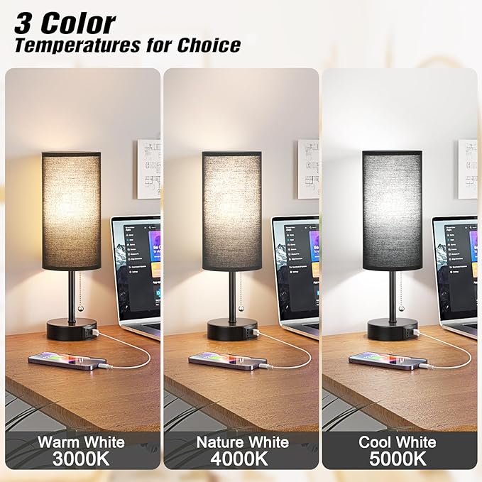 Black Bedside Lamp for Bedroom Nightstand - Small Table Lamp with USB A + C Charging Port, 3 Color Temperatures Pull Chain Night Stand Light with Bulb， Side Table Desk Reading Lamp for Living Room - Bloomnest