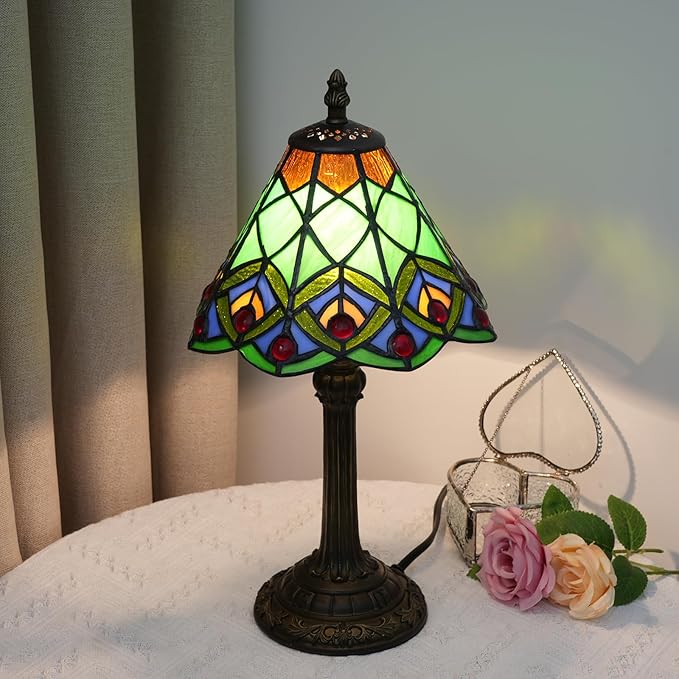 8 Inch Tiffany Style Stained Glass Table Lamp, Peacock Feather Pattern Retro Style Design, Suitable for Bedroom Bedside Lamp Office Study and Other Home Art Decoration (Green) - Bloomnest
