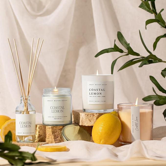 Sweet Water Decor Coastal Lemon Scented Candles - Soy Candles with Lemon, Sea Salt, & Driftwood for Home Decor - Candle Wax with 50 Hours Burn Time - 11Oz Wood Lid White Jar Candles for Home Scented - Bloomnest