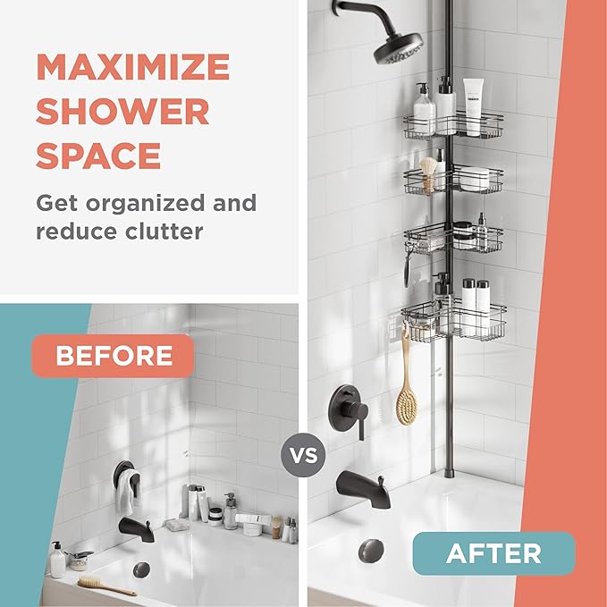 Zenna Home Tension Pole Shower Caddy Corner Organizer, Adjustable Standing Shower Caddy with 4 L-shaped Baskets and Hooks, Rust Resistant Bathroom Tension Rod Organizer, 60 to 97 Inch, Bronze - Bloomnest