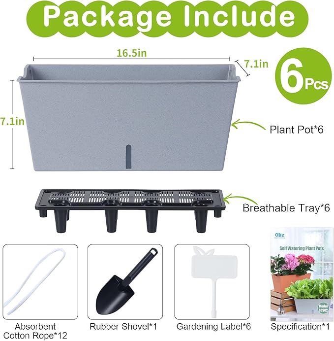 Window Box Planter 6 Pcs, 16.5 Inches Self Watering Rectangle Flower Plant Pots with Drainage Holes Trays, Vegetable Planters for Windowsill Patio Garden Balcony Porch Yard (Grey) - Bloomnest