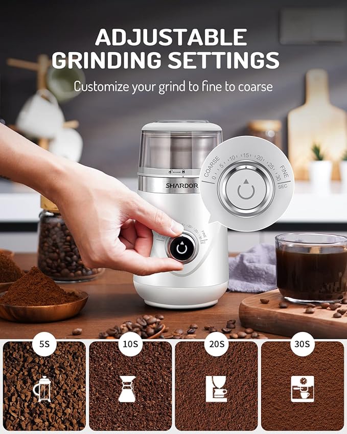 SHARDOR Electric Super Silent Blade Coffee Grinder, Timed Grind Control Rotary Knob, Adjustable Coarse to Fine for Coffee Beans, Spices & Herbs, with 2 Removable Stainless Steel Bowl, White - Bloomnest