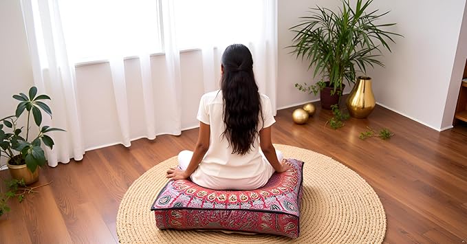 INDIAN CRAFT CASTLE 24" Red Peacock Mandala Barmeri Large Floor Pillow Cover Cushion Meditation Seating Ottoman Throw Cover Hippie Decorative Zipped Bohemian Pouf Ottoman Pom Pom Cases 24" Square - Bloomnest