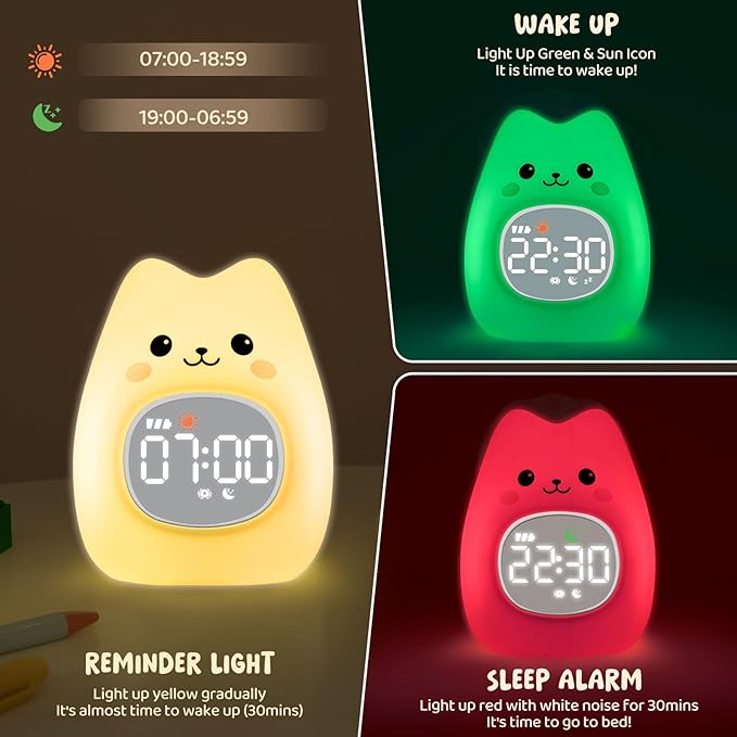 Cat Alarm Clock with Night Light for Kids with Sleep Training and Sound Machine, Rechargeable Silicone Lamp OK to Wake Clock，Cute Animal Tabletop Lamp, Perfect Sleep Companion for Boys Girls - Bloomnest