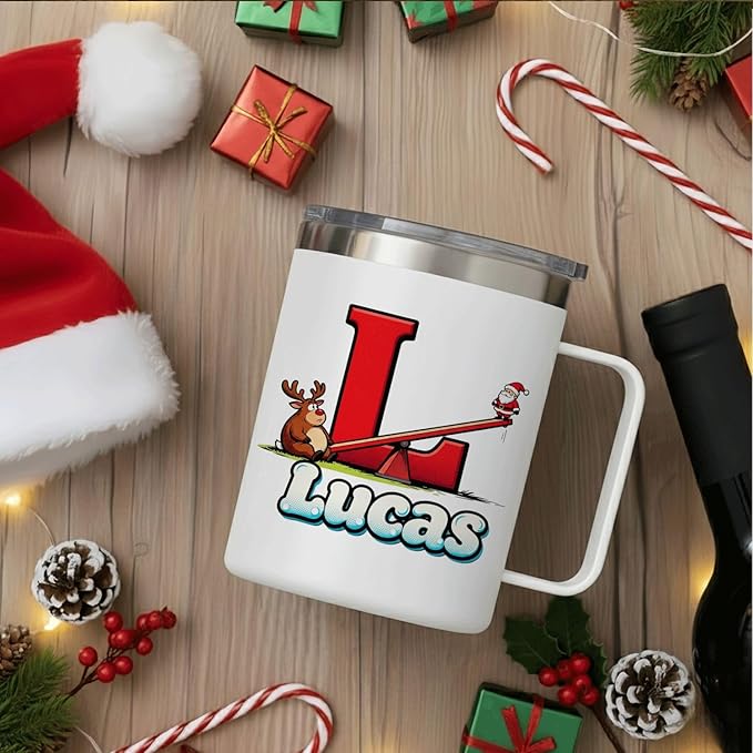 JugJug Personalized Christmas Mug with Initial & Name - Funny Seesaw Santa 12oz Insulated Coffee Cup w/Lid - Cute Xmas Gifts for Kids, Girls (B174) - Bloomnest