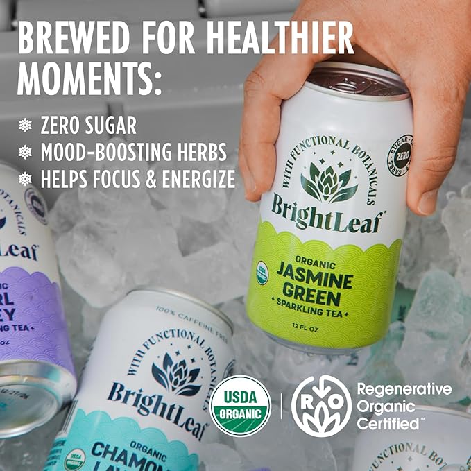 BrightLeaf Regenerative Organic Sparkling Tea, Jasmine Green, 12 oz Cans (Pack of 12) – Zero Sugar & Zero Calories – Organic Herbal Tea Drink – Mood-boosting ingredients – Craft Brewed Botanical Beverage - Bloomnest