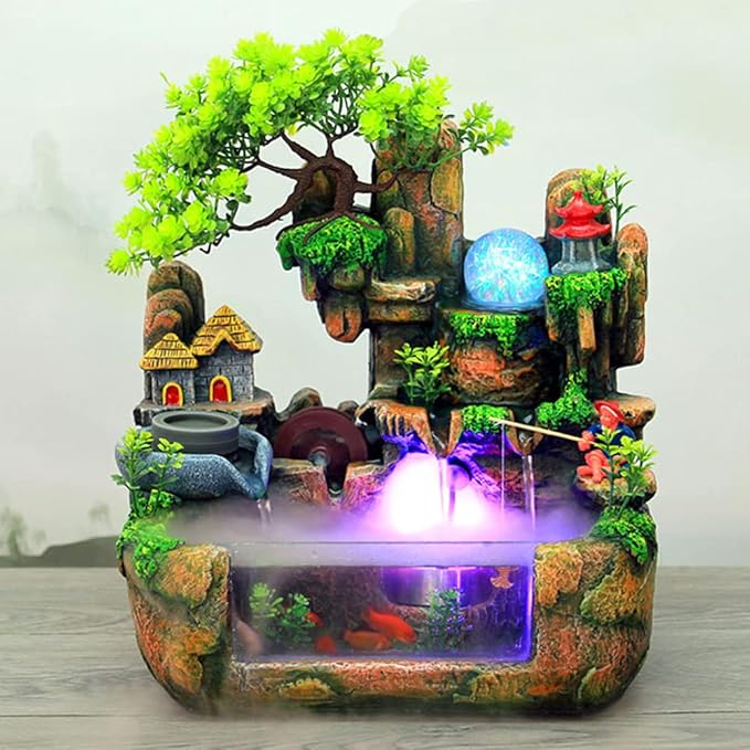 15" LED Desktop Fountain Waterfall Decor, Atomizing Desktop Humidifier w/LED Lights & Atomizer for Office Home Desk Decoration Gift Zen Meditation Resin Rockery Water Fountain Bonsai Bedroom Relax - Bloomnest