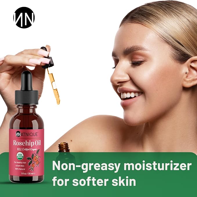 Natnique Organic Rosehip Seed Oil, 1 oz – USDA Certified Cold-Pressed Moisturizer for Face, Skin & Hair – Natural Hydrating Serum for Wrinkles & Fine Lines – Ideal for Gua Sha Massage & Radiant Glow - Bloomnest