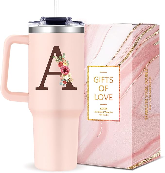 Monogrammed 40oz Tumbler With Handle for Women, Personalized Birthday Gift, Initial Cups Floral Letter A, Customized Lady Gift for Mother's Day Christmas - Bloomnest