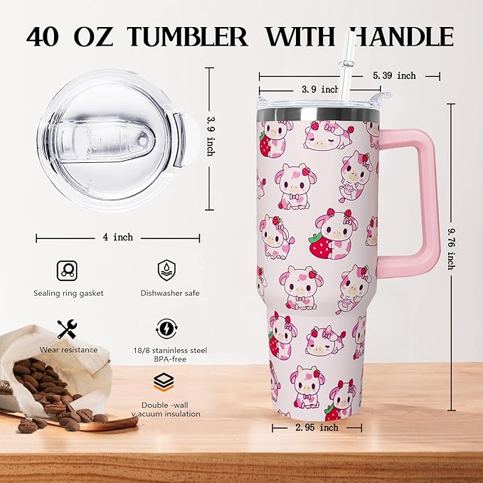 Ceovfoi 40 Oz Strawberry Cow Tumbler With Handle, Cow Print Coffee Travel Mug Cup Water Bottle, Strawberry Decor, Cow Print Gifts for Women - Bloomnest