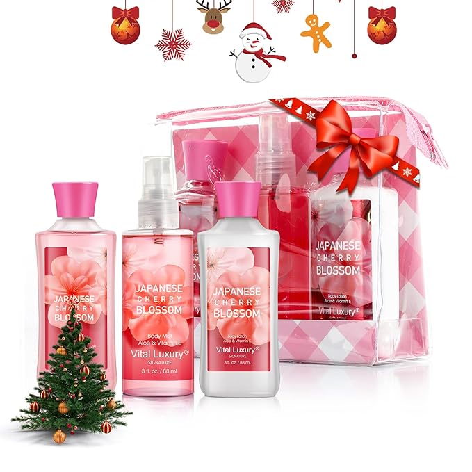 Bath & Body Care Travel Set - Home Spa Set with Body Lotion, Shower Gel and Fragrance Mist, Personal Body Care Travel Set for Birthday Christmas New Year Gifts(Japanese Cherry Blossom) - Bloomnest