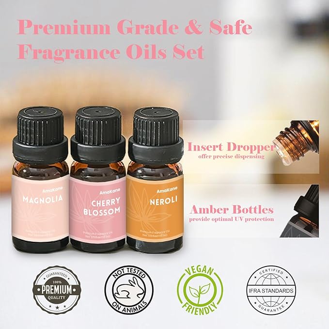 AmaKane Floral Fragrance Oils, Flower Essential Oils for Diffusers for Home, Candle Soap Making Scents 6x10ml, Rose, Jasmine, Chamomile, Neroli, Magnolia, Cherry Blossom Essential Oil - Bloomnest