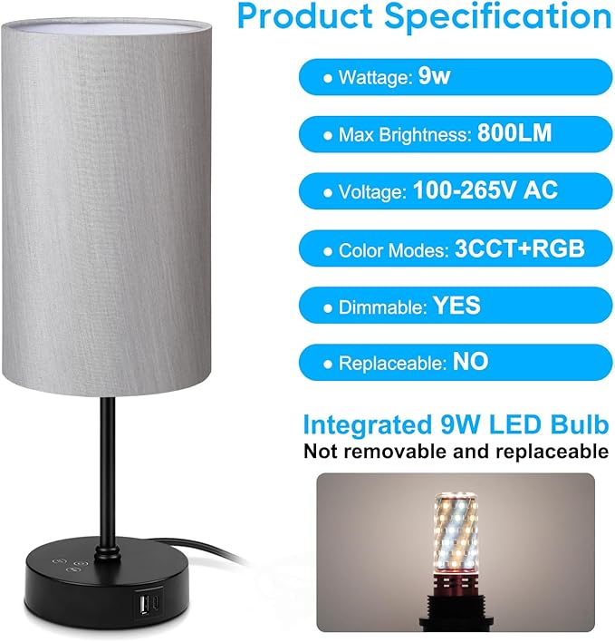 Unicozin 17Inch Table Lamp, 3 CCT 3000K/4500K/6500K & RGB Color Changing, Stepless Dimmable Bedside Lamp for Reading, Ambience Nightstand Light for Home Decor Party, Grey Shade - Bloomnest