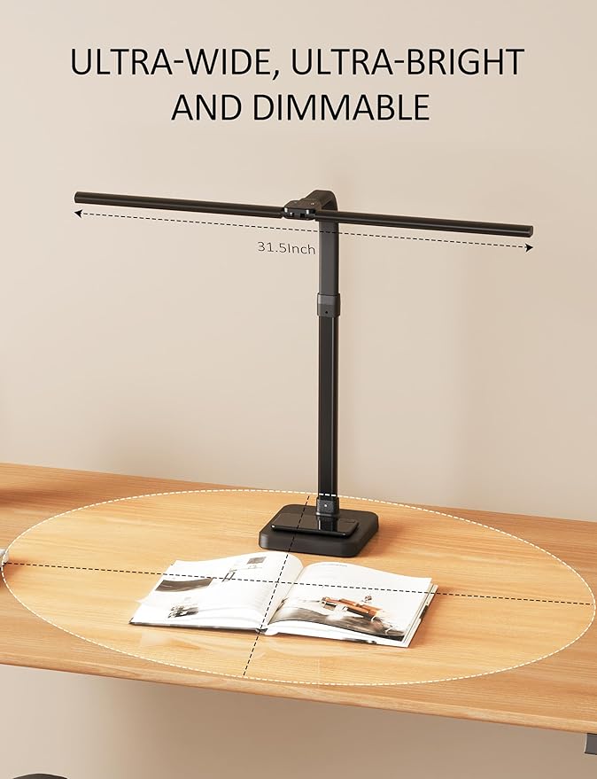 LED Desk Lamp for Home Office, Double Head 24W with Base, Architect Light 5 Lighting Brightness Flexible Gooseneck Table Reading Study, Black - Bloomnest
