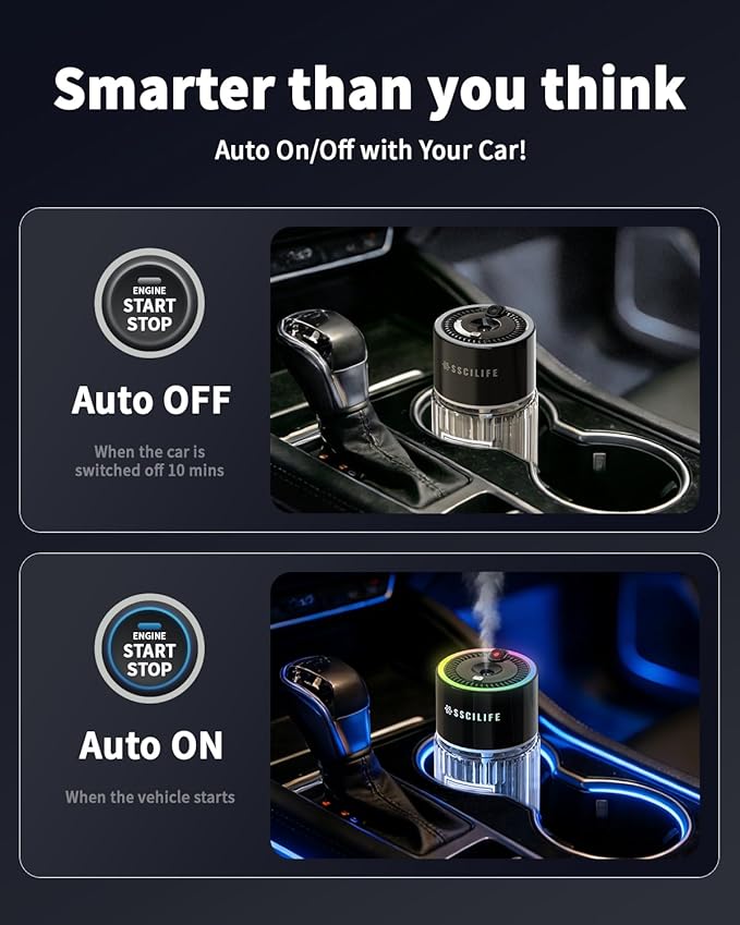 SSICLIFE Smart Car Air Freshener, Waterless Essential Oil Car Diffuser, 120ML Capacity, Up to 6720 Sprays, RGB Music Syncing Light with Starry Sky Projection, Smart Auto On/Off SSCILIFE