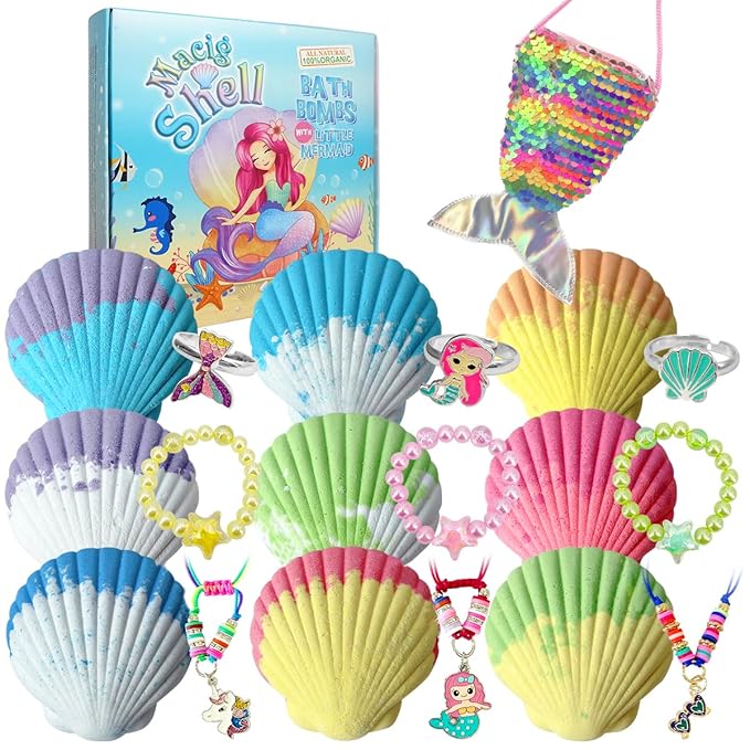 Magic Shell Bath Bomb Gift Set for Kids, 9 Pack Bath Bombs with Little Mermaid for Girls, Organic Bath Bombs with Surprise Inside. - Bloomnest