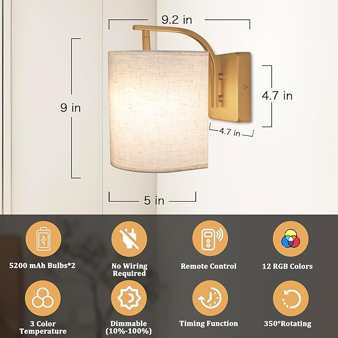 Battery Operated Wall Sconces Set of 2 Rechargeable Wall Lights with Remote Dimmable Magnetic LED Bulbs12 RGB Colors and Timer Wireless Sconces for Bedroom Living Room - Bloomnest