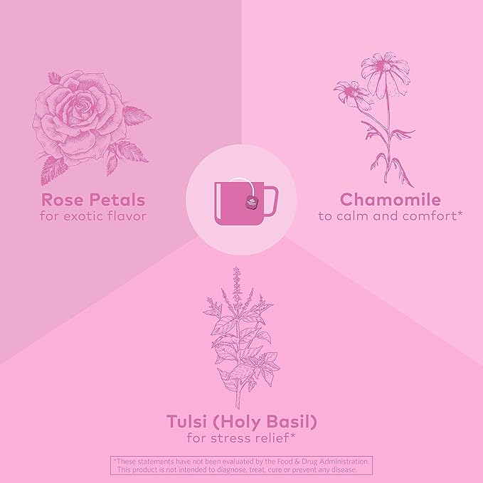 Organic India Tulsi Sweet Rose Herbal Tea - Holy Basil Leaf, African Basil, Chamomilie, Lemon Myrtle, Stress Relieving, Immune Support, USDA Certified Organic, Caffeine-Free - 18 Infusion Bags, 6 Pack - Bloomnest