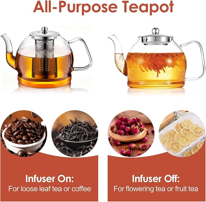 1800ml Glass Teapot with Infuser, Stovetop Safe Large Tea Pot, Hand Crafted Borosilicate Glass Tea Kettle, Blooming and Loose Leaf Tea Maker for Tea Lovers, Tea Gift Set with Cleaning Brush - Bloomnest