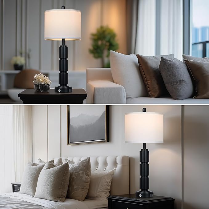 Set of 2 Modern Table Lamps for Living Room Bedroom,29" Tall Bedside Lamp with 2 USB Port,Black Metal Touch Nightstand Lamp for Desk End Side Table Entryway,Black - Bloomnest