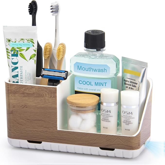 Toothbrush Holders for Bathrooms Countertop Organizer and Storage, Kids Electric Toothbrush and Toothpaste Holder, Bathroom Accessories Vanity Organizer (Wood Grain) - Bloomnest