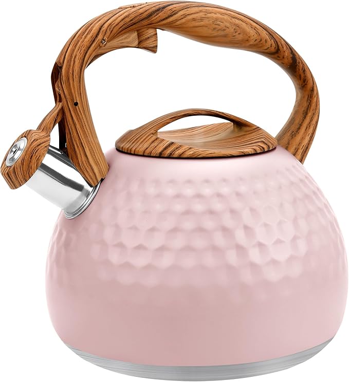 GGC Tea Kettle for Stove Top, Loud Whistling Kettle for Boiling Water Coffee or Milk, 3.1 Quart 3L Heavy Stainless Steel Pink Kettles with Wood Pattern Handle, Unique Button Control Kettle Outle - Bloomnest