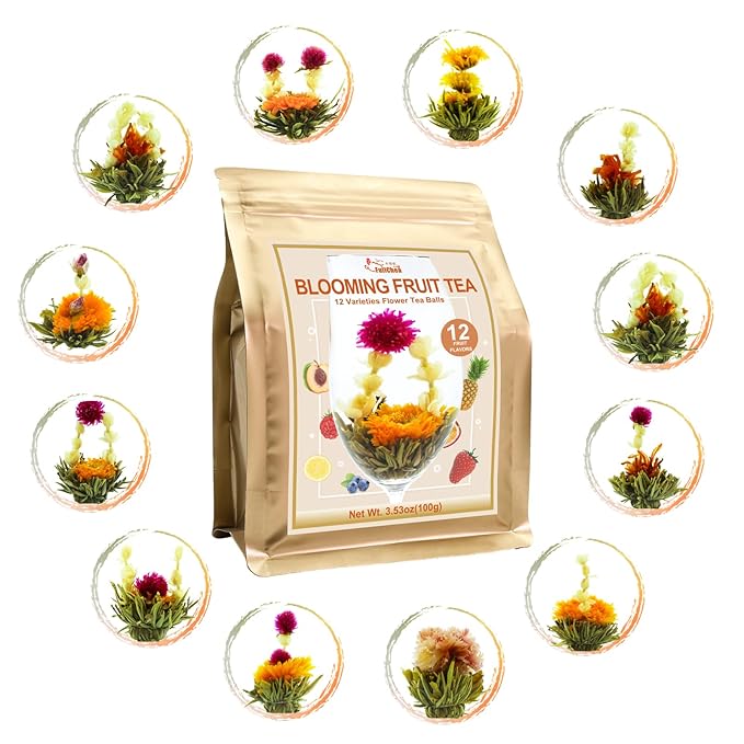 FullChea - Blooming Flowering Tea, 12 Unique Varieties - Flowering Tea in 12 Delicious Fruit Flavors - Gift For Tealovers, Christmas, Anniversary, Valentine, Birthday - Bloomnest