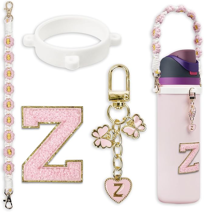 Compatible with Owala Water Bottle Accessories, Cute Letter Charm Set with Boho Handle Strap, Monogram Sticker, Silicone Ring, Keychain Decoration, for FreeSip 24 32 40oz, Owala Kids, Tumbler Gift SITKOL
