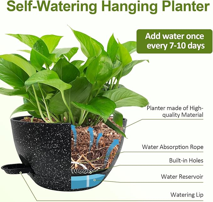 WOUSIWER Self Watering Hanging Planters, 2 Pack 10'' Plastic Pots with Drainage Holes & Reservoir Tray (Speckled Black) | Indoor & Outdoor Use for Ferns, Ivy, Herbs, Succulents - Bloomnest