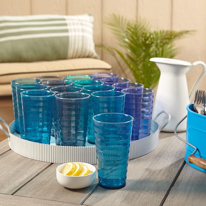 US Acrylic Splash [Set of 16] 18 ounce Plastic Stackable Water Tumblers in 4 Coastal Colors Value Set of Drinking Cups, Reusable, BPA-free, Made in the USA, Top-rack Dishwasher Safe - Bloomnest