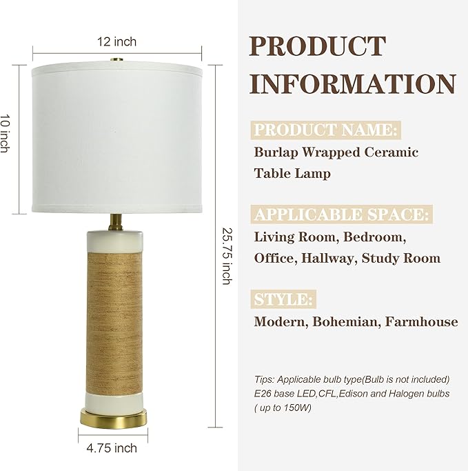 25.75” Rattan Ceramic Lamps for Living Room Set of 2, Farmhouse Table Lamp for Nightstand, White Lamps Set of 2 for Bedroom, Boho Ceramic Table Lamp for End Table - Bloomnest