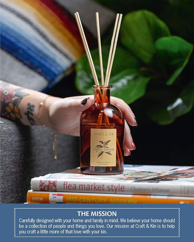 Craft & Kin Sage, Orange Blossom & Lotus Reed Diffuser | All Natural Essential Oil & 8 Rattan Scent Sticks | Reed Diffusers for Home, Bathroom | Long Lasting Home Fragrance in Amber Glass, 5.75oz CraftKin