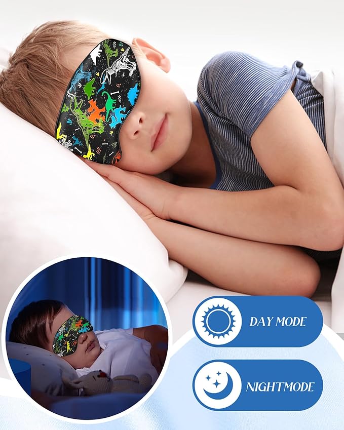 Sleep Mask for Kids - Silk Eye Mask for Sleeping Cute Cartoon Kids Sleep Mask for Boys Girls Teens Soft Smooth Adjustable Straps Silk Kids Eye Cover, Black Dinosaur - Bloomnest