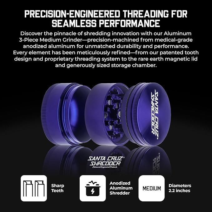 Santa Cruz Shredder Herb and Spice Grinder 3 Piece Medium 2 1/8" Superior Grip and Aluminium (Purple) - Bloomnest