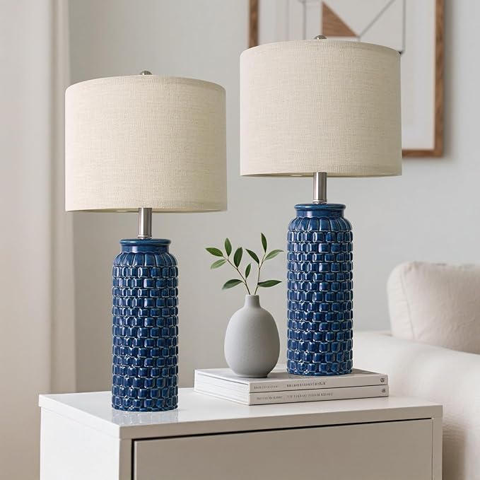 24 inches Modern Ceramic Dark Blue Bedside Lamp Set of 2 for Bedroom Decor Farmhouse Table Lamp for Living Room Office Dorm - Bloomnest
