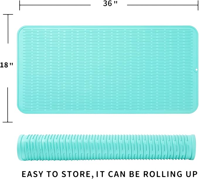 Silicone Dish Drying Mat for Multiple Usage,Easy clean,Eco-friendly,Heat-resistant Silicone Mat for Kitchen Counter or Sink,Refrigerator or Drawer Liner Mint 5XL 36inches x 18inches - Bloomnest