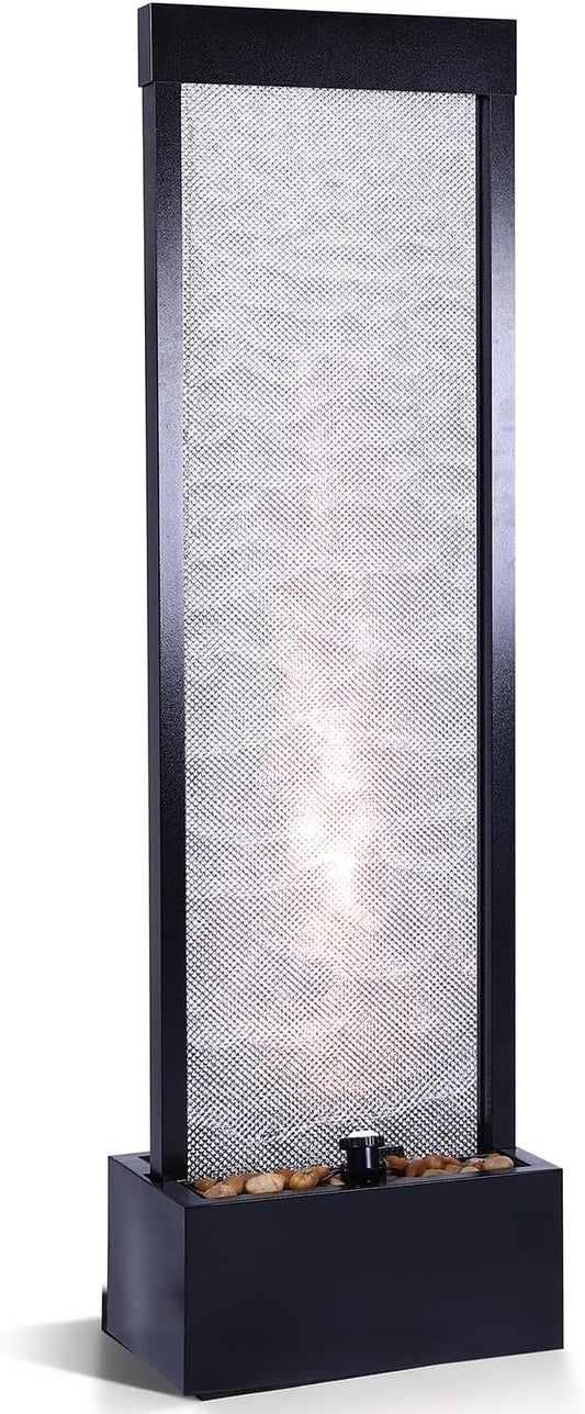 Mesh Panel Waterfall Fountain, Large Indoor Water Feature with Stones & LED Light, 64" Floor Standing Water Wall for Home Decor, Living Room, Patio, Outdoor Garden - Bloomnest