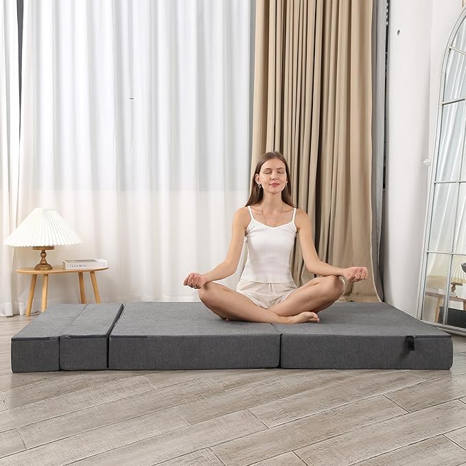 Futon Sofa Bed, High-Density Memory Foam Couch with Fluffy Pillow, Folding Floor Guest Bed, Twin Size, Dark Grey - Bloomnest