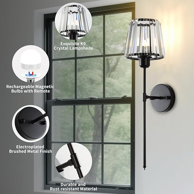 Battery Operated Crystal Wall Sconce Set of 2, Matte Black Wireless Wall Light with Remote Control, LED Dimmable 15 Colors USB Rechargeable Light Bulbs Wall Lamp for Bedroom Living Room Hallway - Bloomnest
