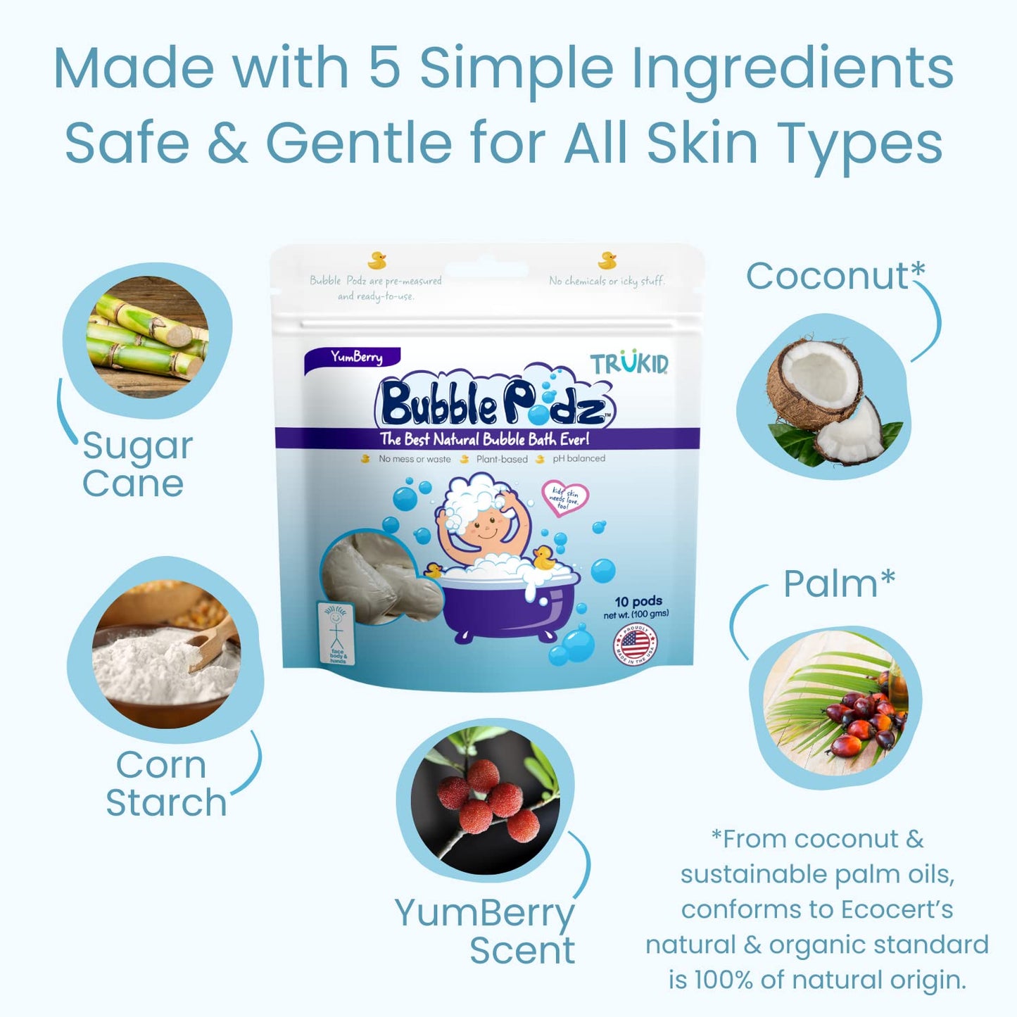 TruKid Bubble Podz Bubble Bath for Kids, Toddlers, & Babies, Tear Free Gentle & Refreshing Bath Bomb for Sensitive Skin with Natural Moisturizers, Non-Toxic, pH Balanced, Yumberry Scent (10 Podz)