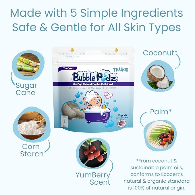 TruKid Bubble Podz Bubble Bath for Kids, Toddlers, & Babies, Tear Free Gentle & Refreshing Bath Bomb for Sensitive Skin with Natural Moisturizers, Non-Toxic, pH Balanced, Yumberry Scent (24 Podz) - Bloomnest