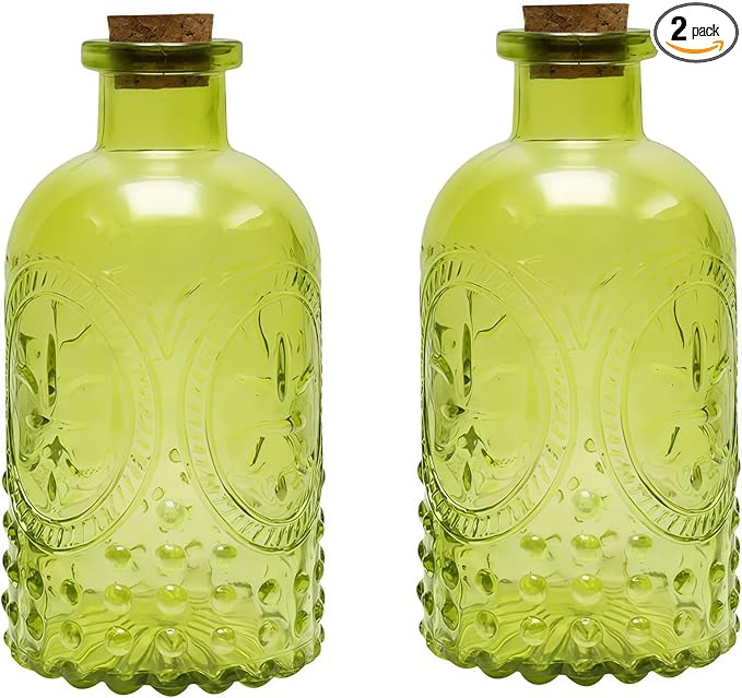 2Pcs Green Glass Reed Diffuser Bottles with Cork Lid,Apothecary Diffuser Decorative Bottles,Small Flower Bud Vase,Aromatherapy Container for DIY Replacement Diffuser,Reed Sticks,Crafts Decor Bloomnest