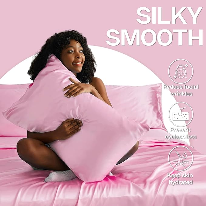 MR&HM Satin Pillowcase for Hair and Skin, Silk Satin Pillowcase 2 Pack, Standard Size Pillow Cases Set of 2, Silky Pillow Cover with Envelope Closure (20x26, Pink) - Bloomnest