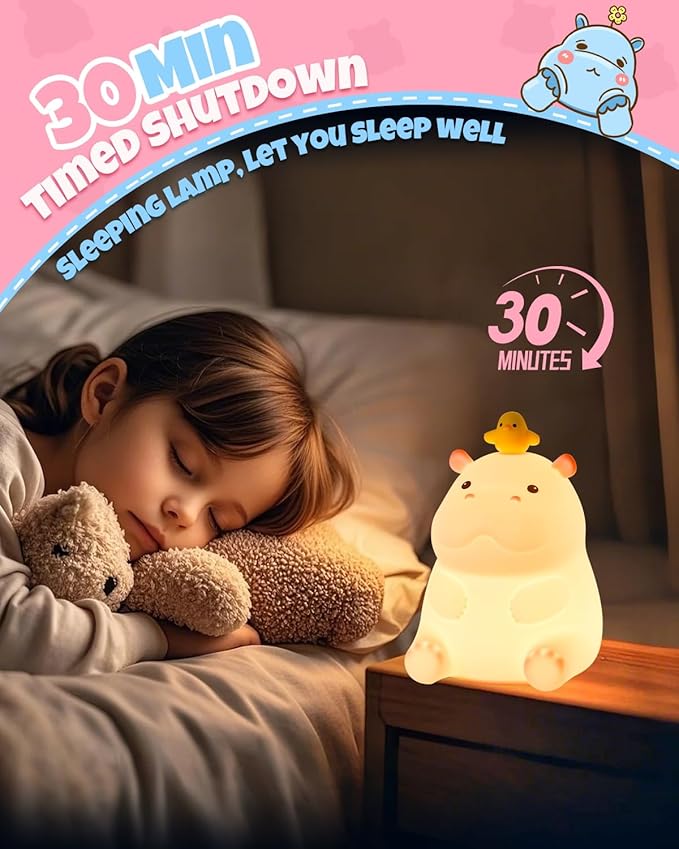 Cute Hippo Night Light, Animal Lamp, Food Grade Silicone, Rechargeable, 2 Level Dimmable, Squishy Nursery Nightlight for Desk Decor, Funny Gifts Stuff for Boys Girls Baby, White Elephant Gifts - Bloomnest