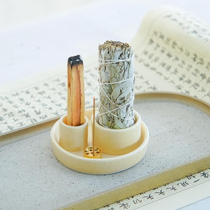 4 in 1 Incense Holder, Ceramic Incense Stick and Palo Santo Holder,Sage Holder for Burning- 5.5" Ceramic Ash Catcher Tray for Meditation and Yoga Room (Sand Gravel) - Bloomnest
