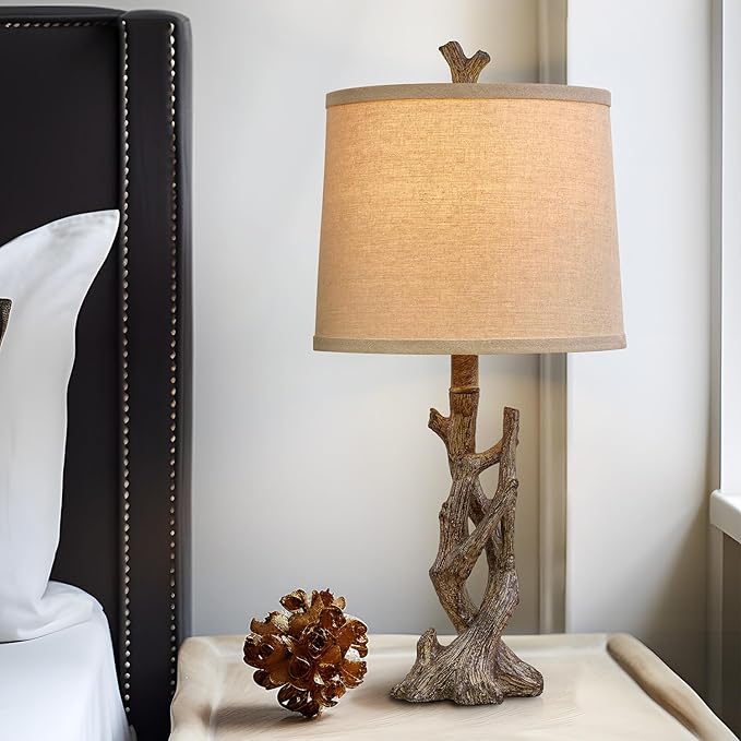 OYEARS 23" Rustic Farmhouse Table Lamp Country Cottage Lamps for Nightstand Tree Trunk Wood Grain Lamp for Bedroom Living Room with Oatmeal Fabric Round Shade Resin Bedside Lamp - Bloomnest