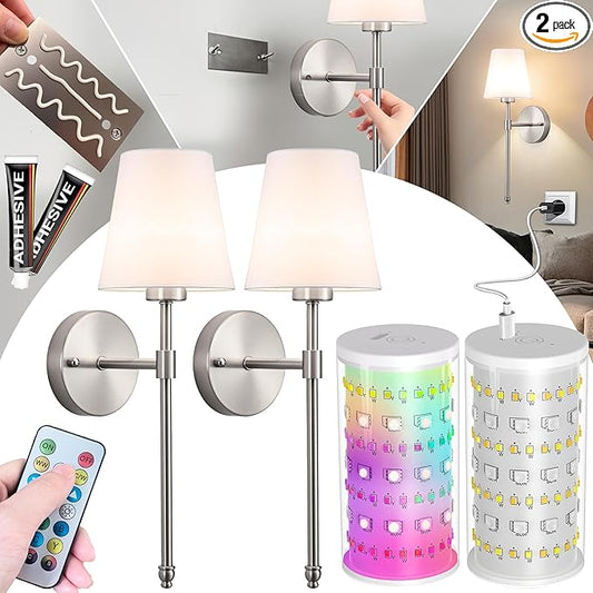 Battery Operated Wall Sconce: Peel and Stick Adhesives Stick On Non Drill Wall Light, Rechargeable Wireless Wall Lamp with Battery Corn Bulb for Bedroom Wall Decor (Nickel,20inch) - Bloomnest