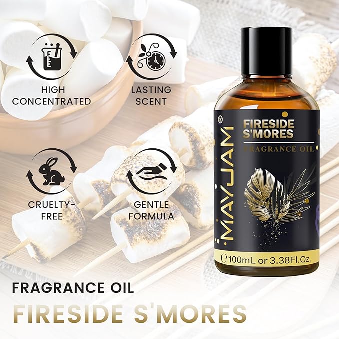Fireside S'Mores Fragrance Oil Essential Oil, MAYJAM 3.38FL.OZ Fireside S'Mores Oil for Diffusers for Home, Long Lasting Scented Oils for Soap Candle Making - 100ML MAYJAM