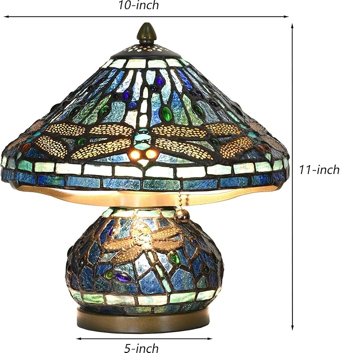 Bieye L10906 Tiffany Style Stained Glass Mushroom-Shaped Double Lit Table Lamp for Home Decor (10-inch, Blue Dragonfly)